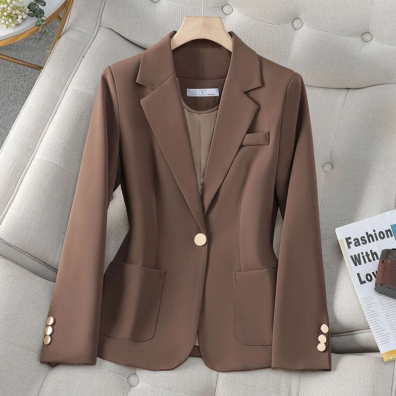 NAVIU Brown Women Blazer Buttons Coats Office Lady Long Sleeve Notched Collar Blazer Single Button Fashion Pocket Work Jacket