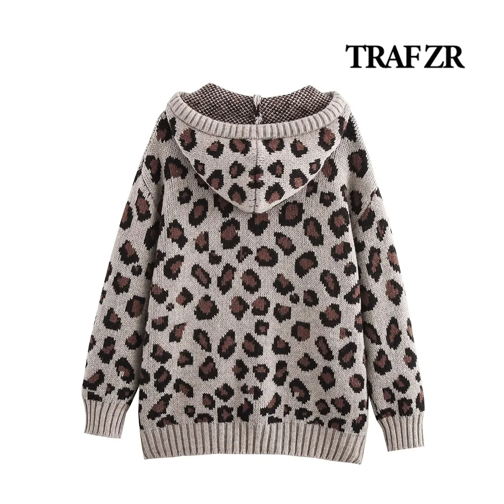 TRAF ZR Animal Jacquard Knit Sweatshirt Y2k Harajuku Women's Hoodie with Drawstring Adjustable Hood&Ribbed Trims Long Sleeve Top