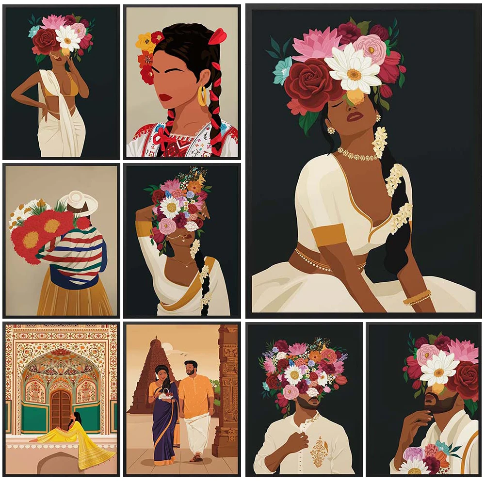 

Indian Man Woman Girl Flower Head Illustration Poster Wall Art Canvas Painting Home Decor Wall Pictures For Living Room Unframed