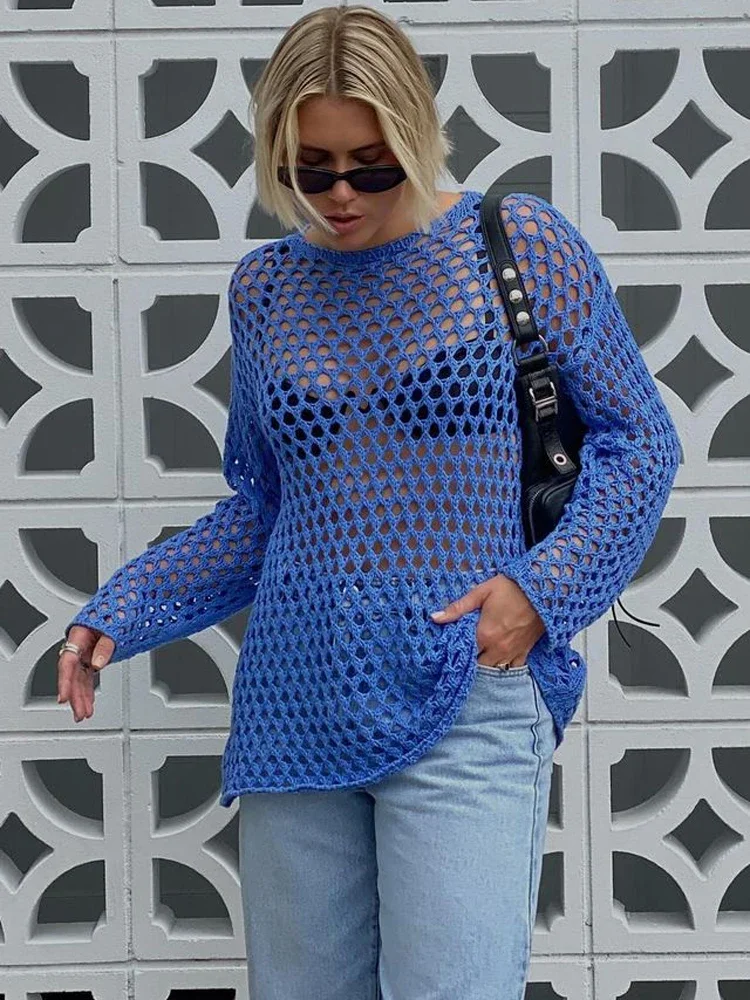 Tossy Knit Hollow Out Cover up Mini sukienka dla kobiet przezroczyste luźne ubrania na wakacje na plaży letnia patchworkowa dzianina Cover up