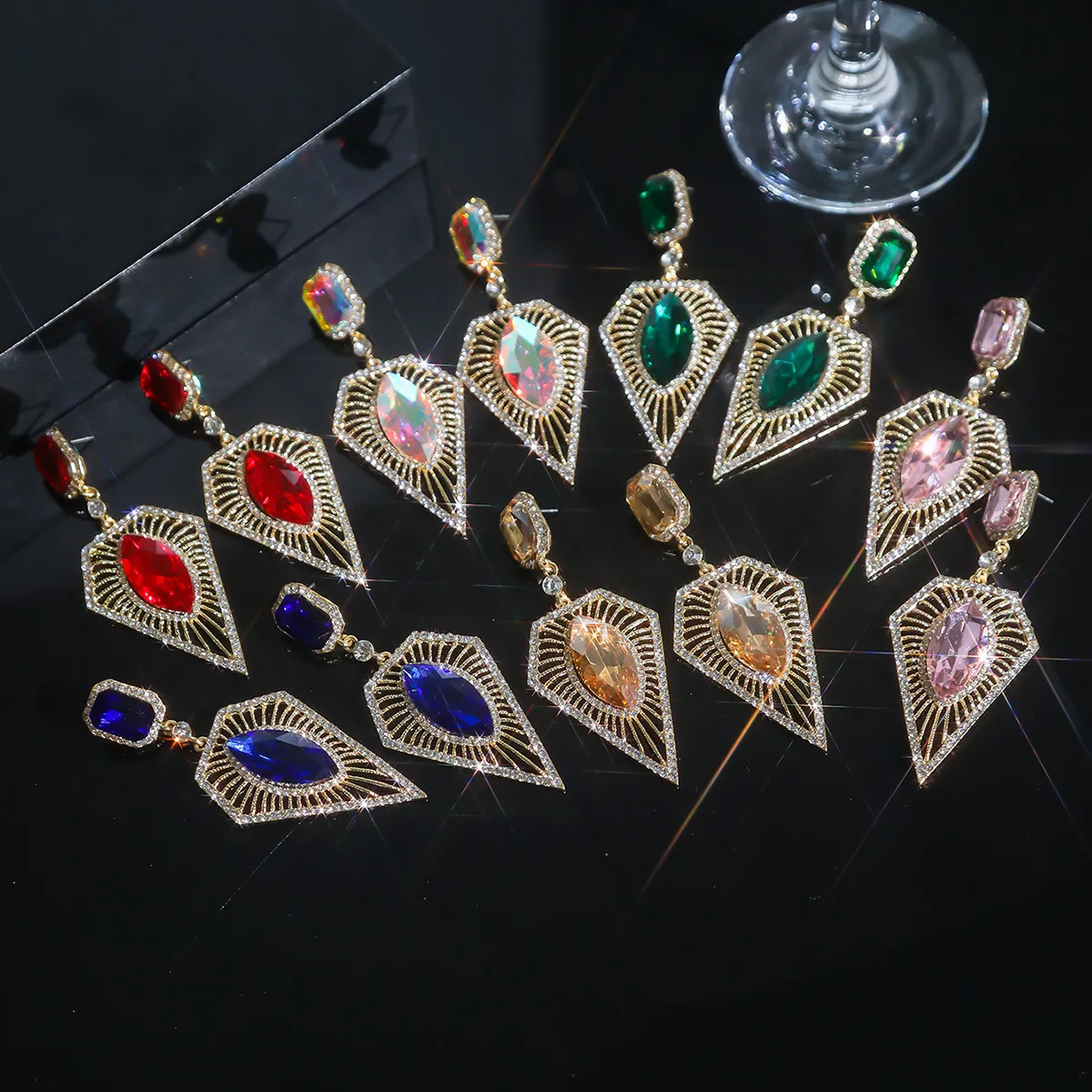 Temperament Stained Glass Rhinestone Earrings Women's, Fashion Triangle Earrings Ear Jewelry