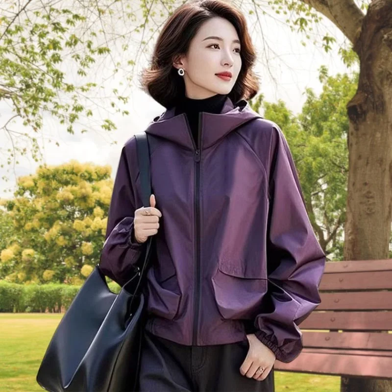 여성용 봄 가을 신상 단색 심플하고 세련된 패션 다용도 스타일리시 스포츠 후드 윈드브레이커