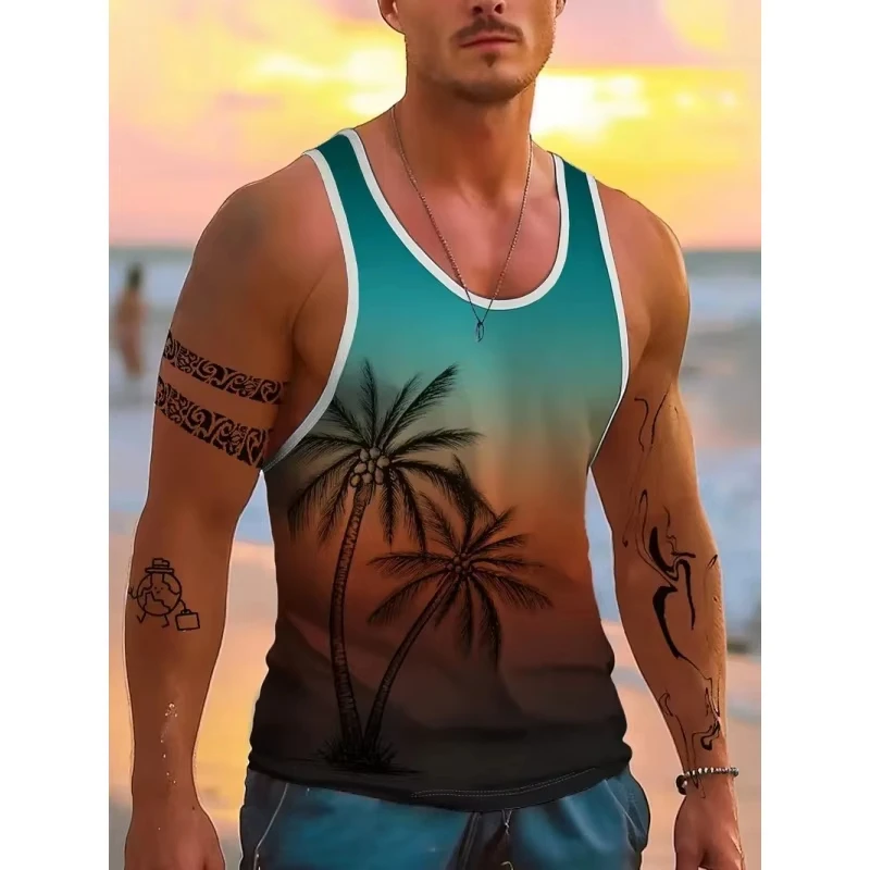 

3D Printed Colorful Leaf Stripes Tank Tops For Men Coconut Tree Pattern Tees Summer Loose Street Sport Tops Round Neck Vests