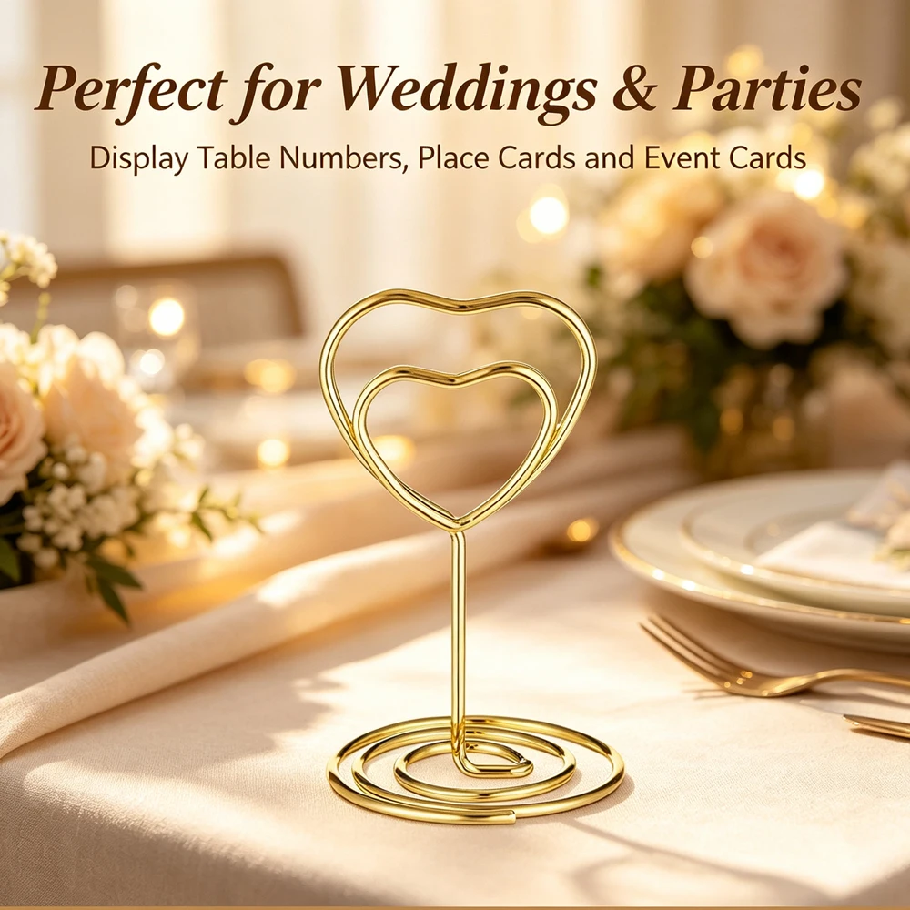 10Pcs Double Hollow Heart Wire Place Card Holders, Spiral Base Metal Table Number Stands, Photo Memo Name Card Clips for Wedding