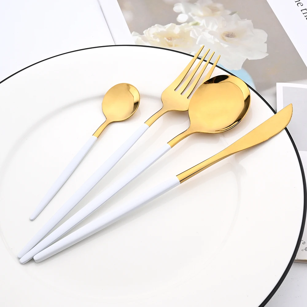 32Pcs White Gold Cutlery Set Dinner Knife Fork Coffee Spoon Dinnerware Flatware Stainless Steel Silverware Kitchen Tableware Set