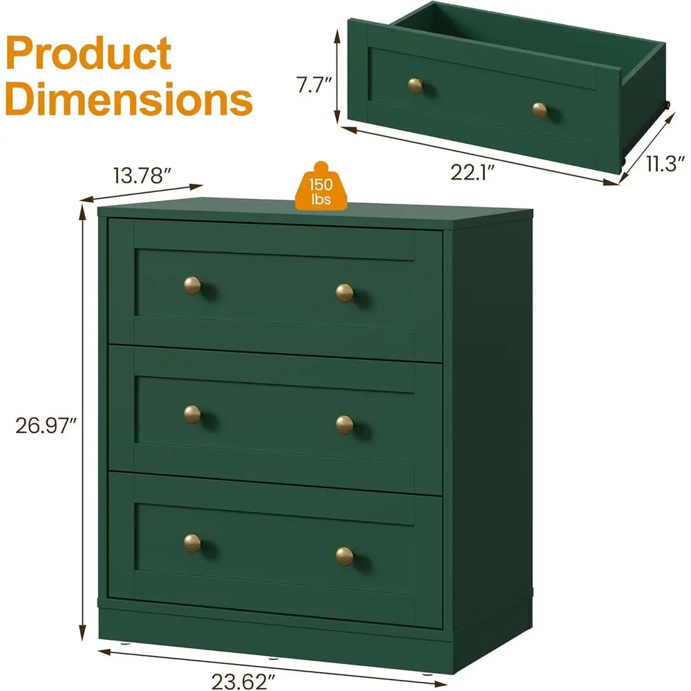 3-Drawer Wooden Nightstand for Bedroom with Large Storage Capacity, Suitable for End Table or Hallway Use, Green
