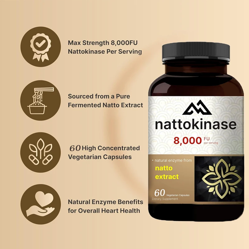 

Nattokinase supplement 8000 FU per serving, 60 vegetarian capsules maximum strength enzyme and heart health support