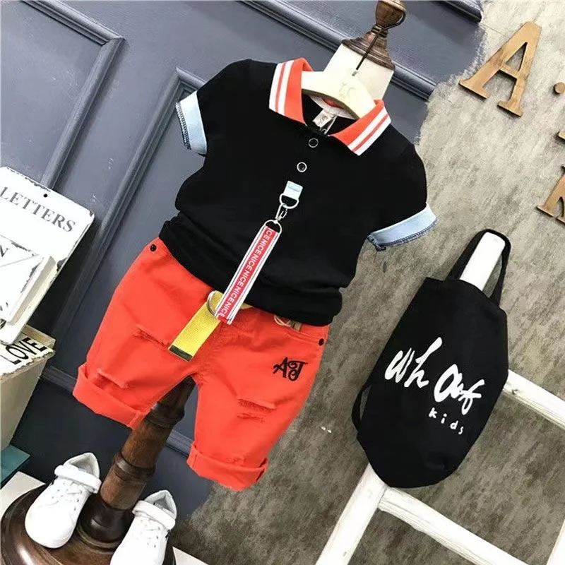 Conjunto de ropa de verano para niños, camiseta negra y pantalones cortos, 2024