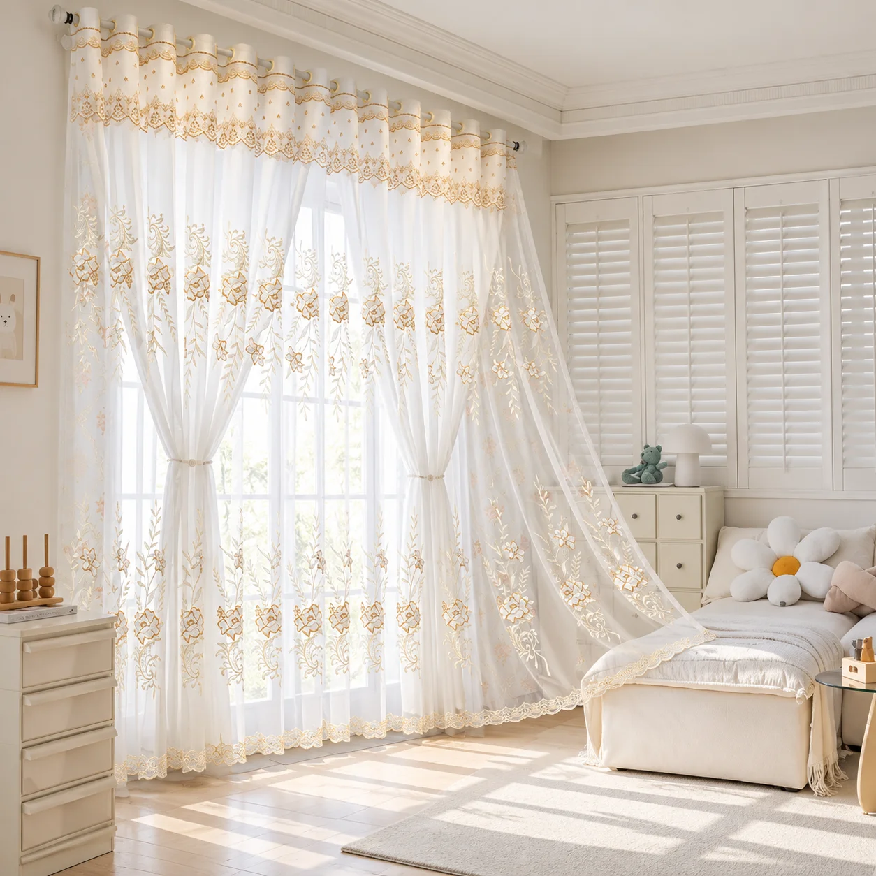 Vintage European Embossed Lace Curtain, Luxury Hollow Out Sheer Curtains, Light Blocking Heat Insulation, Dense Hem Design