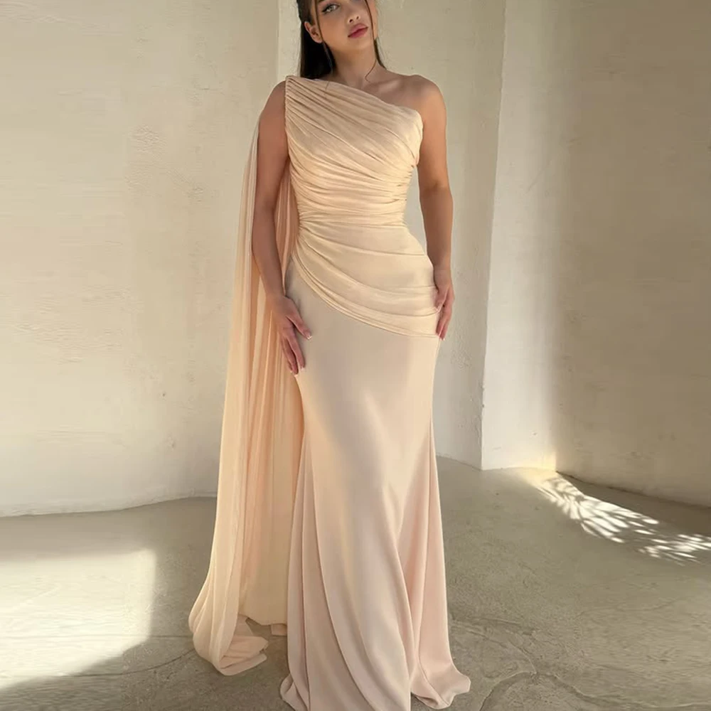 

Simple One Shoulder Chiffon Pleated Bridal Evening Gown Sheath Sexy Flowing Backless Prom Party Gown with Cape Custom Made