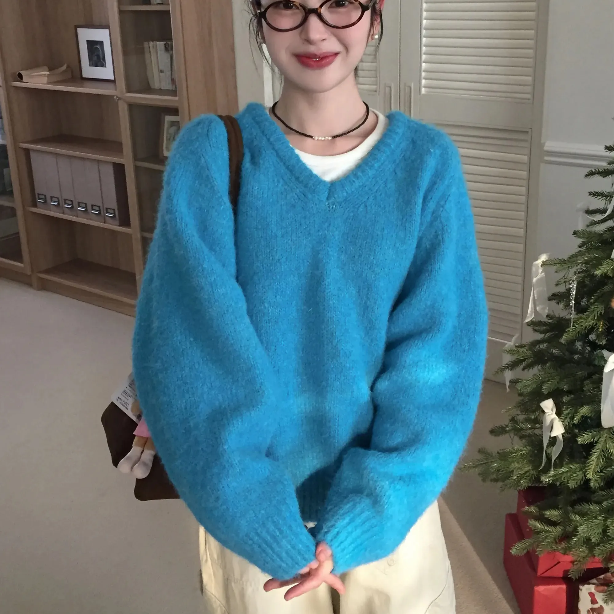 Женский вязаный свитер V-Ne Thiened, повседневный, свободный, осенне-зимний, модный, мягкий, нежный топ в стиле ретро, длинный све Crew Ne