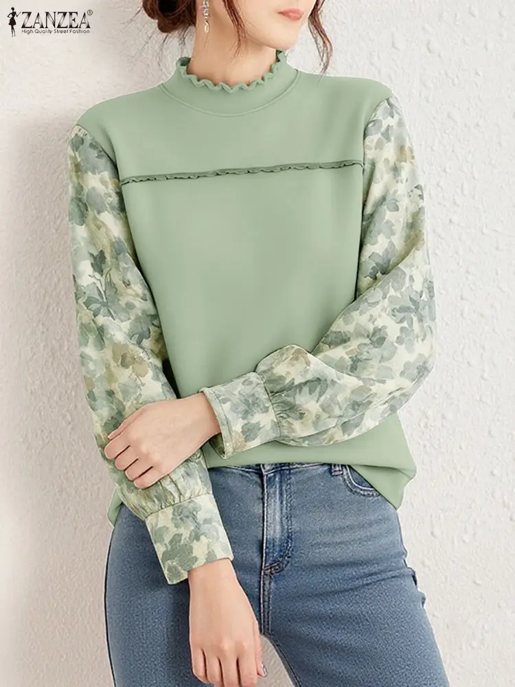 2025 ZANZEA Autumn Office Blouse Stylish Work Shirt Women Long Sleeve Floral Printed Tops Stand Neck Work Blusas Female Chemise