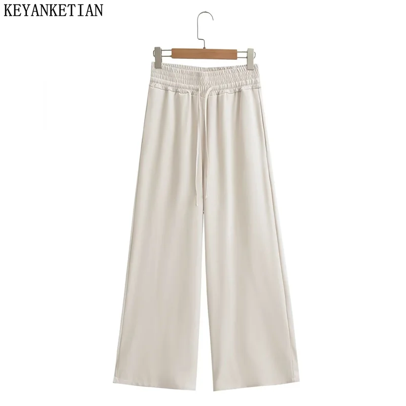 

KEYANKETIAN Winter New Women's Drawstring Elastic High-Waisted Wide-Leg Pants Office Lady Apricot Loose Leisure Long Trousers