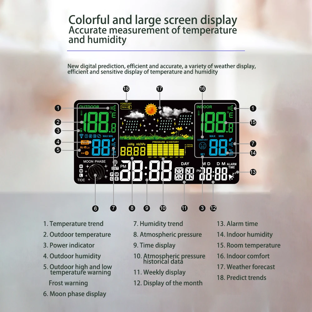 Indoor and Outdoor Wireless Temperature and Humidity Meter Calendar Color Screen Weather Forecast USB Hole Output Charging