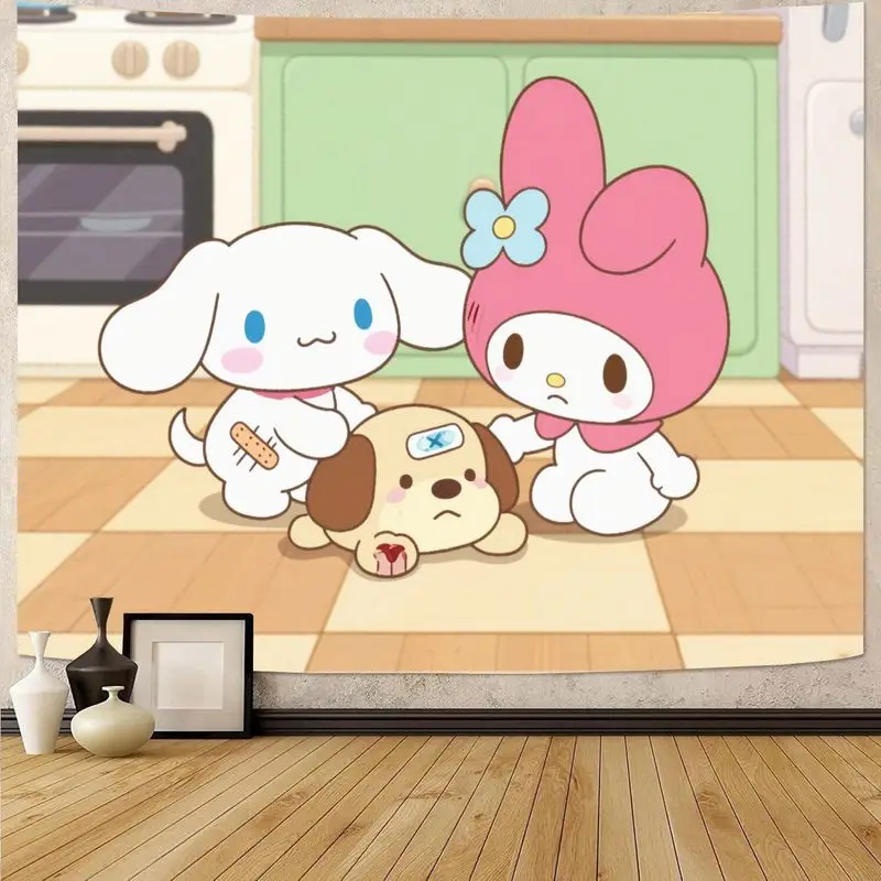 

1PC Sanrio Cinnamoroll My Melody & Friends Comforting Injured Puppy Tapestry Kawaii Polyester Wall Art Aesthetic Room Decor Gift
