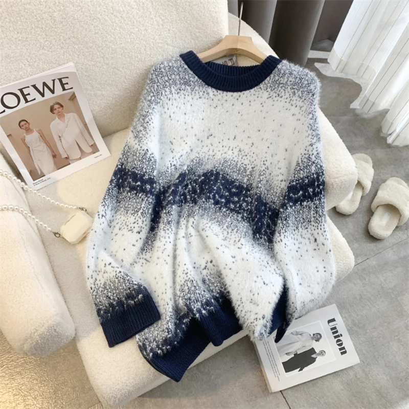 Bomon Korea 2024 winter new loose and lazy pullover splash-ink type mink hair snowflake round neck sweater sweater woman