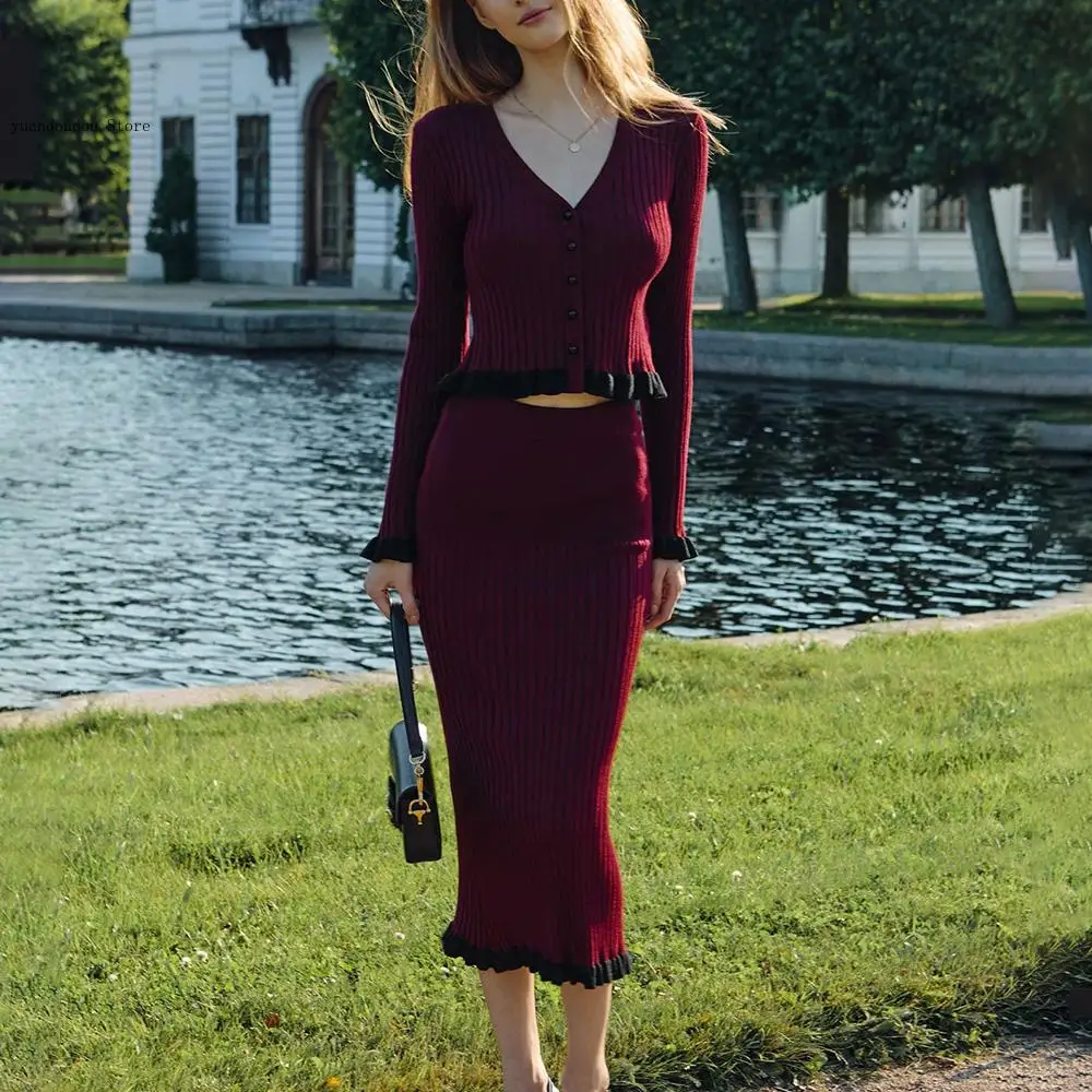 French Elegant Ruffle Edge Tight Knit Cardigan Contrast Skirts Two-Piece Women's Autumn and Winter Temperament Dress Set