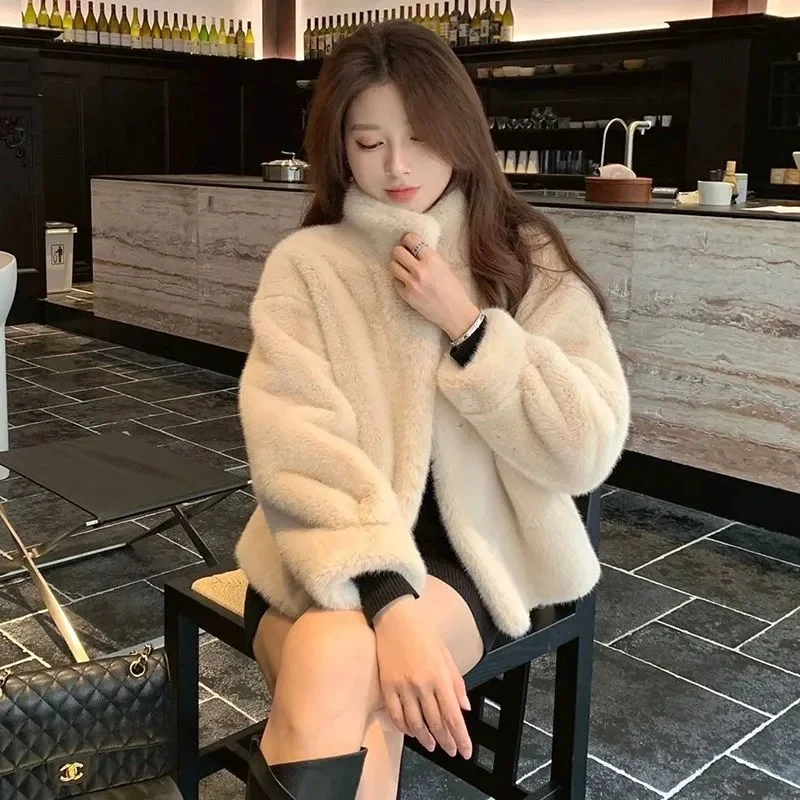 

2024 Women Solid Color Stand Collar Mink Fur Top Female Long Sleeves Fox Fur Jacket Spring Autumn Lady Short Leather Fur Outwear