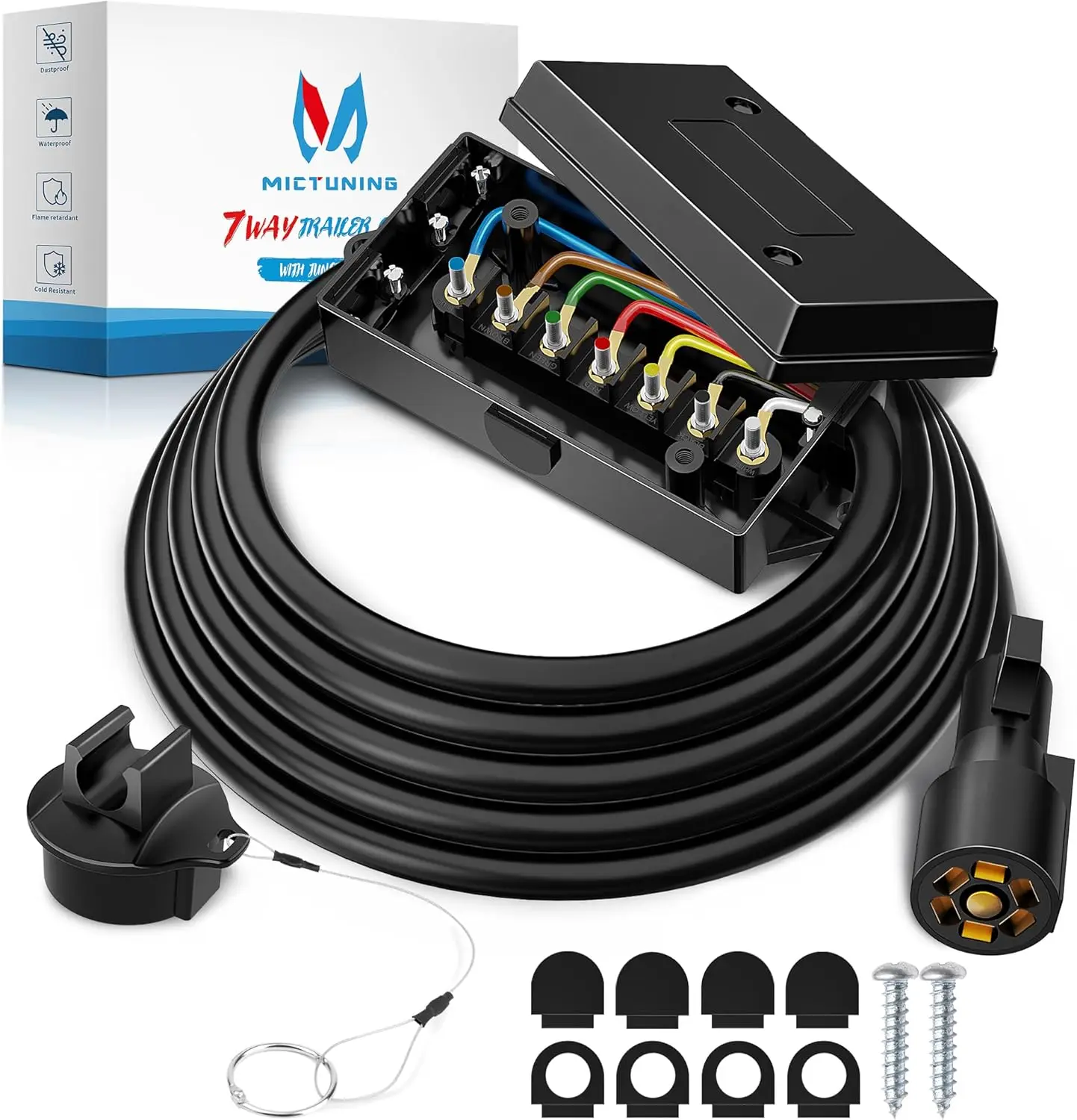 

MICTUNING 7 Way Plug Inline Trailer Cord,8 Feet Heavy Duty Trailer Wiring Harness Kit With Junction Box For Towing Vehicle Truck