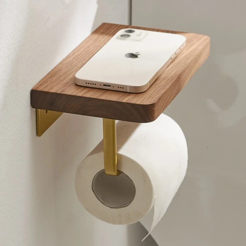 Self Adhesive Toilet Paper Holder Wooden Wall Mount Tissue Towel Roll Dispenser Luxury Paper Storage Holder Bathroom Wall Tray