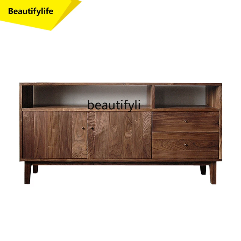 

01A Nordic simple modern black walnut all solid wood dining side entrance cabinet log mortise and tenon locker