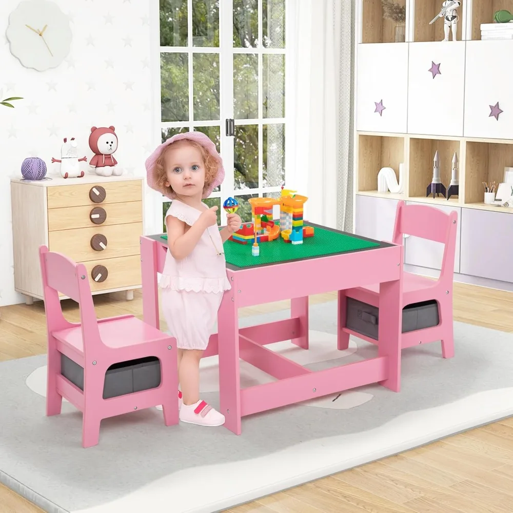 Wooden Kids Table and Chair Set, 3 in 1 Kids Dining Table with Chairs, Toddler Tables and Chair Set with Storage Drawer