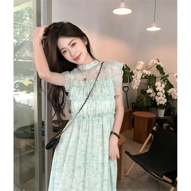 

Women Dress A-Line High Waist Strap Green Floral Midi Dress Chiffon Holiday Beach Dress Summer Vestidos