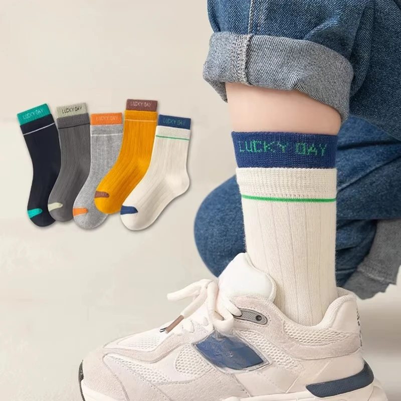 5Pair Spring Double collar Boy's Mid Tube Socks Fashionable High last Athletic Socks Girls Fall Clothes Children's Warm