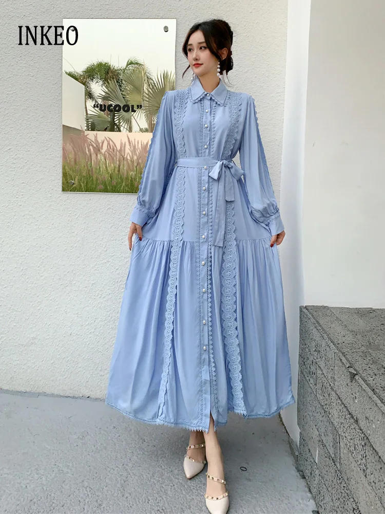 

Vintage Women Lace patchwork shirt dress with sashes 2025 New Elegant Single breasted maxi dresses Loose Solid Color INKEO 5D114