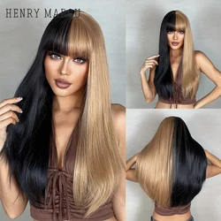 Black And Blonde Long Straight Synthetic Hair Two Tone Cosplay Wigs with Bangs for Women Halloween Christmas Wigs Heat Resistant