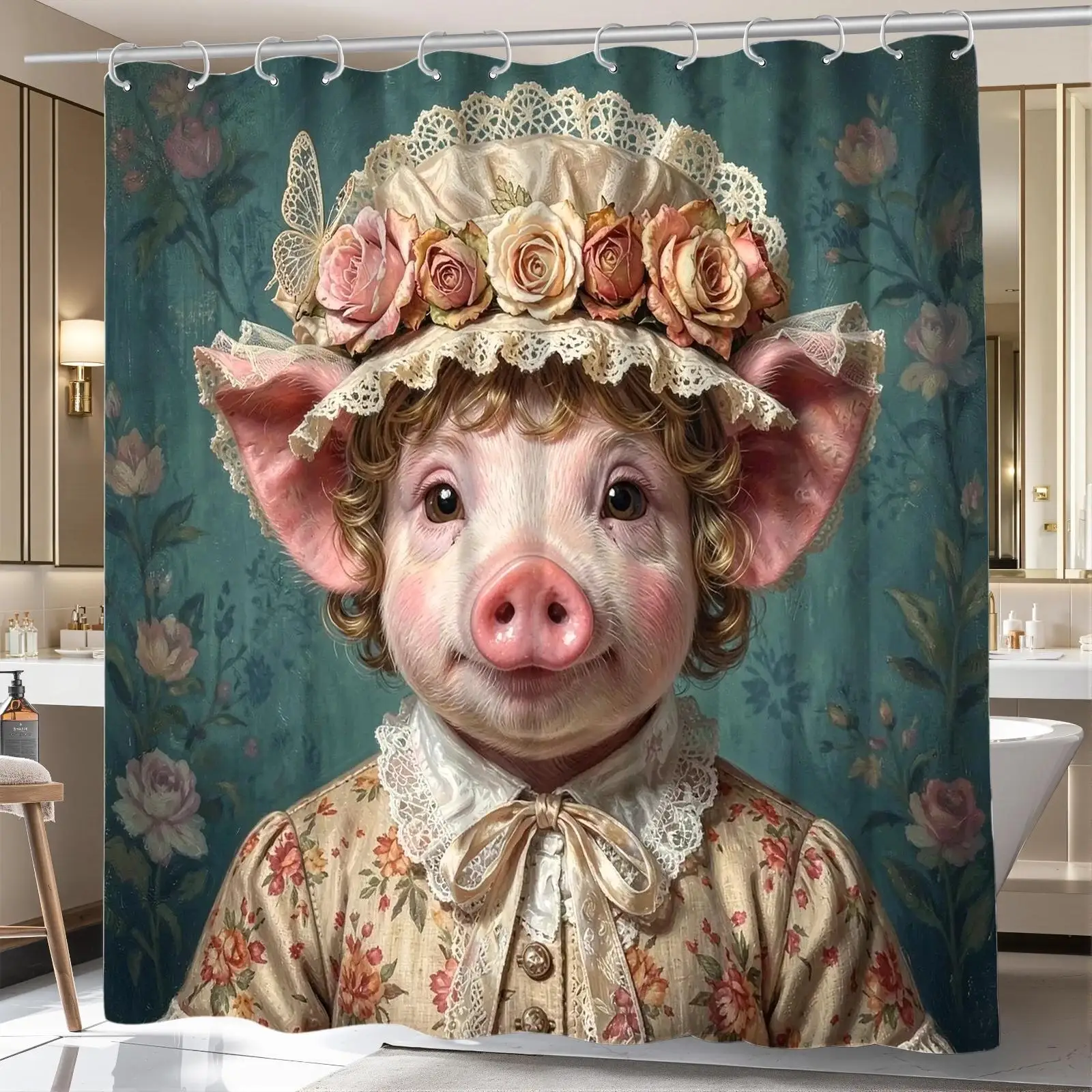 Whimsical Pig Portrait Shower Curtain Cottagecore Floral Bathroom Decor Cute Farm Animal Shower Curtain