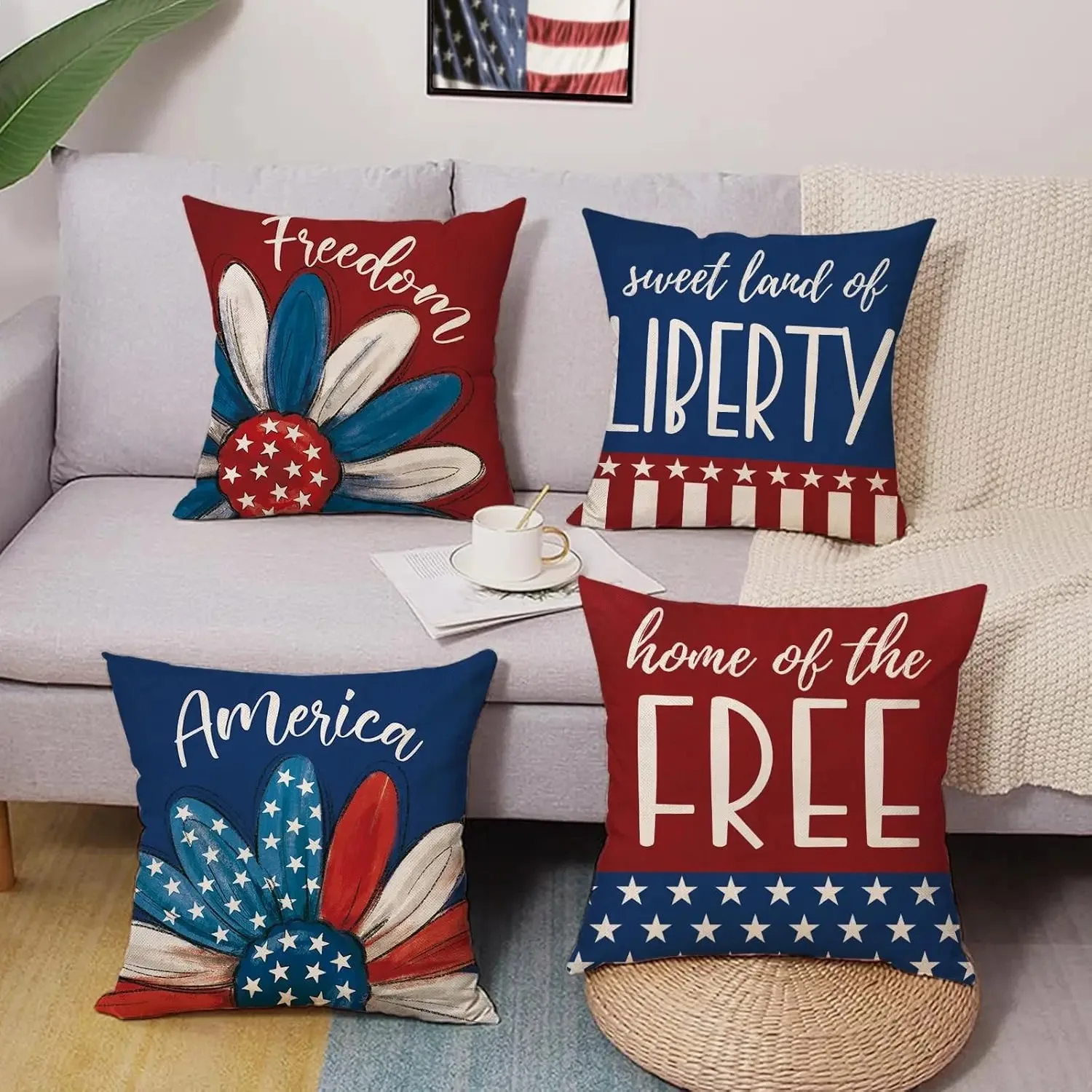 4th of July Cardinal Decorative Throw Pillow Covers of 4, Patriotic America Red Birds Daisy Pansy Flower Outdoor Home Decor