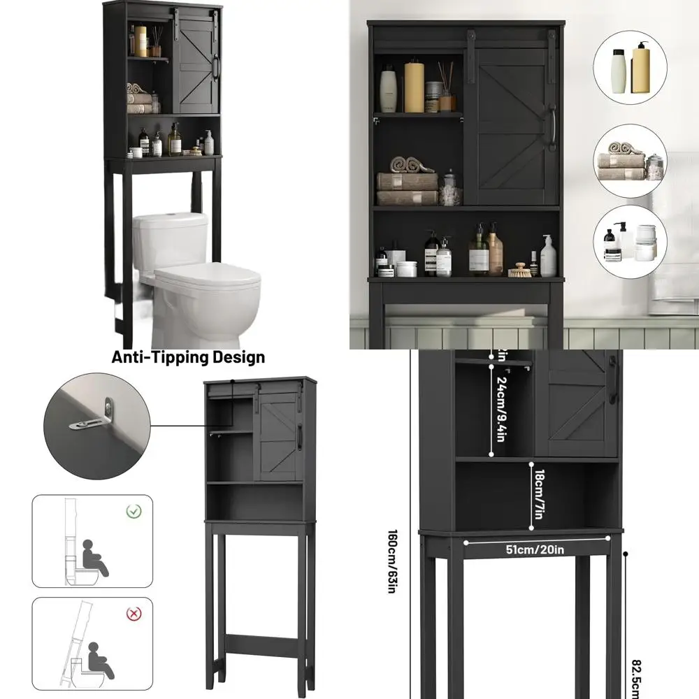 

Space-Saving Black Toilet Storage Cabinet with Adjustable Shelves and Anti-Tip, Bathroom Organizer