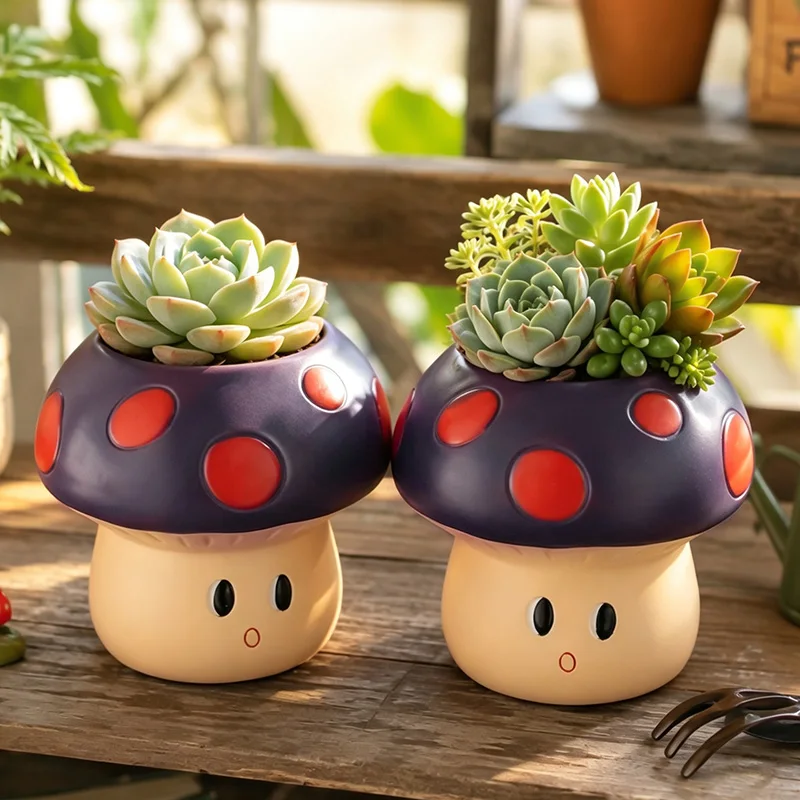 Maceta de resina con diseño de hongo de dibujos animados, para suculentas, mini maceta para cactus, decoración para escritorio, ventana, balcón, hogar, un bonito regalo para amantes de las plantas.