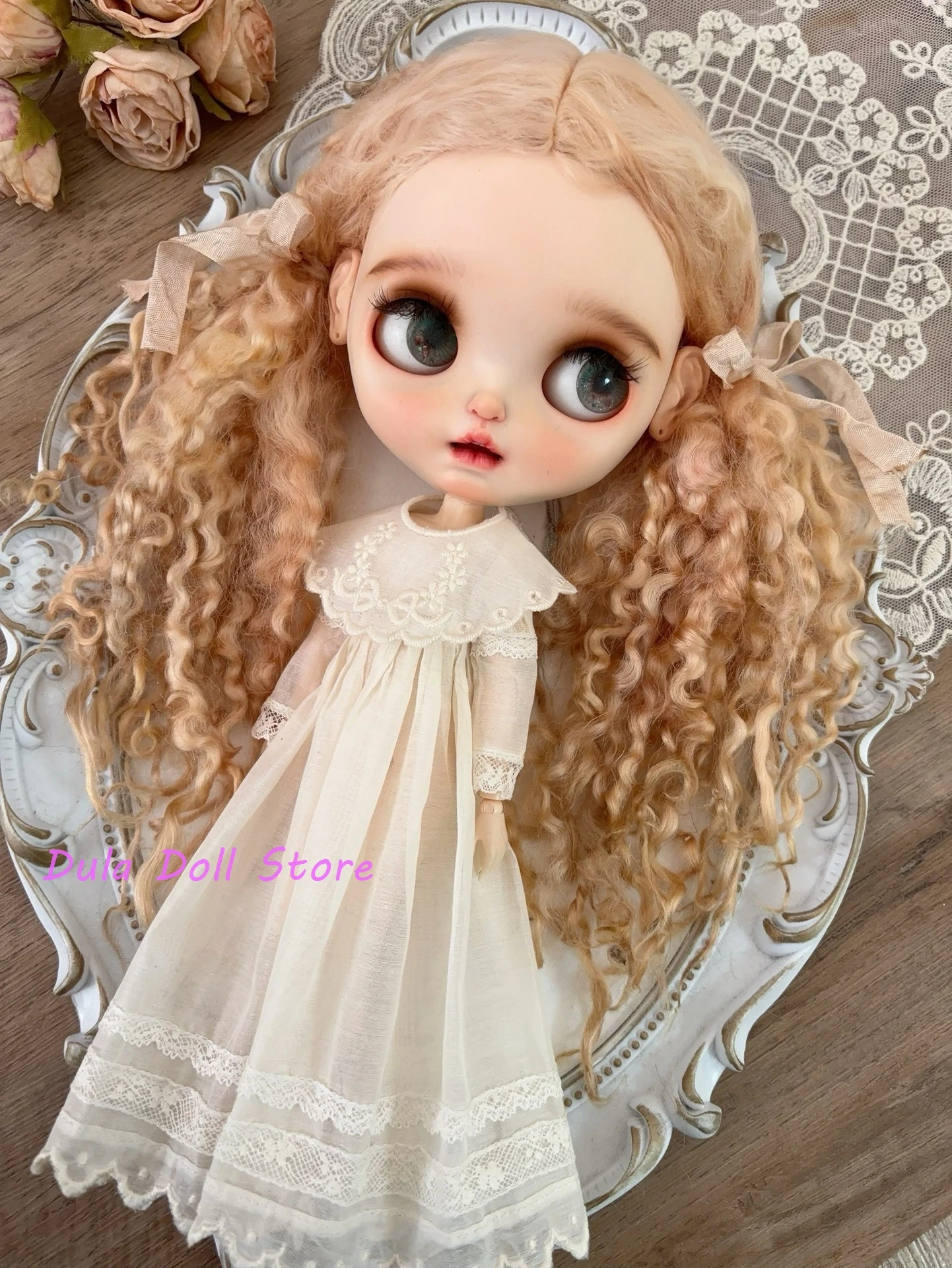 Dula Doll Wigs for Blythe OB24 OB22 Qbaby Natural Sheep Wool Curl Fixed Extra Long Hair Hard Seams for 9-10 inch Head