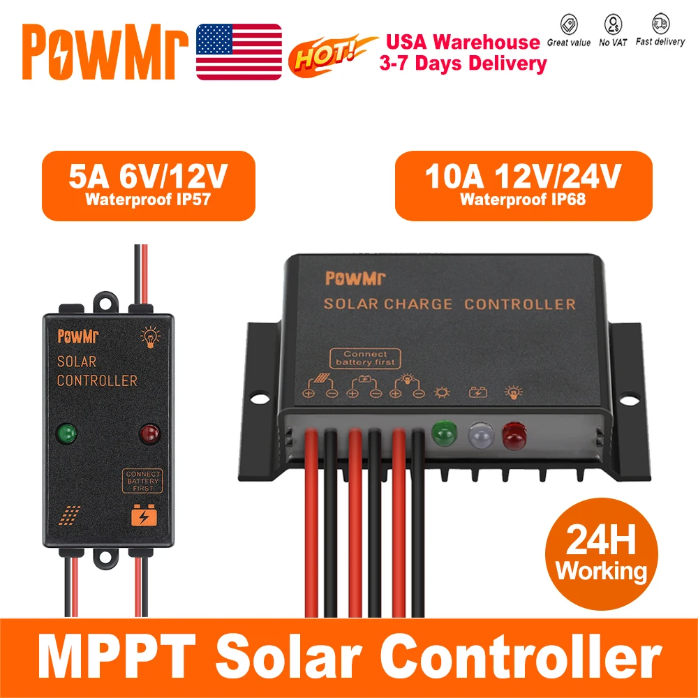 PowMr الاتحاد الأوروبي 5A 6 فولت/12 فولت و 10A 12 فولت/24 فولت الشمسية جهاز التحكم في الشحن منظم مقاوم للماء IP68 العمل لمدة 24 ساعة مع لوحة البطارية الشمسية