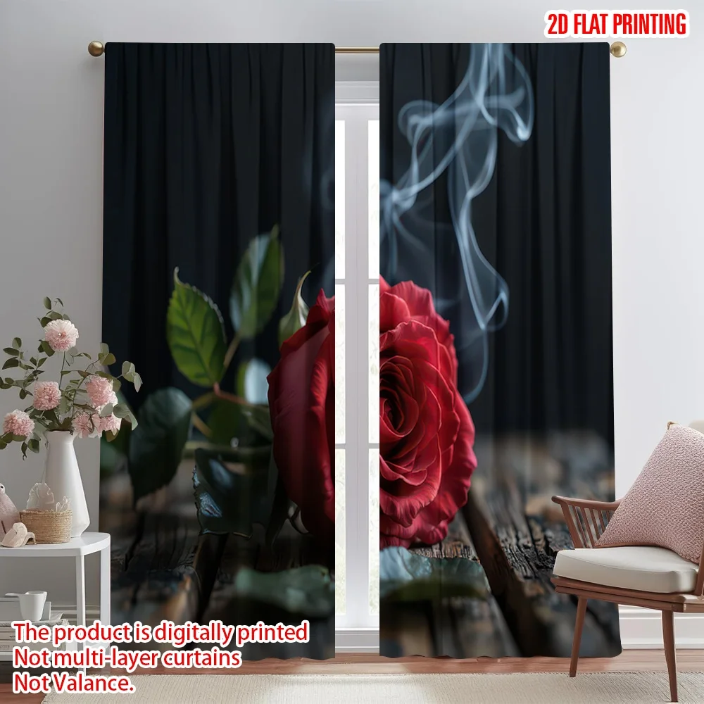 

2D flat printing 2pcs Party Curtain Valentine's Smoky Red Rose Digital Printed Polyester Drapes Holiday Decorations Perfect for
