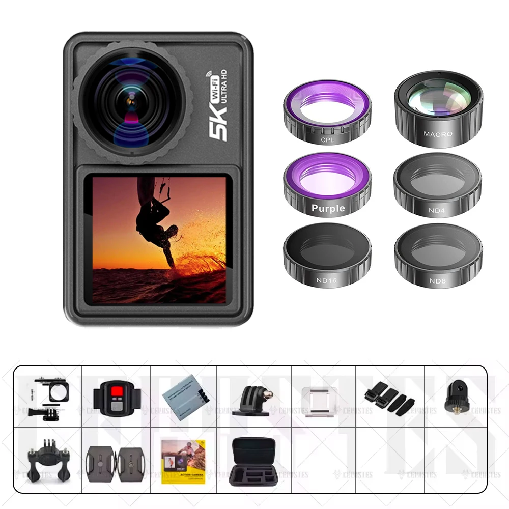 Action Camera 5K 4K 60FPS WiFi Anti-shake Dual Screen 170° Wide Angle 30m Waterproof Sport Camera with Remote Control