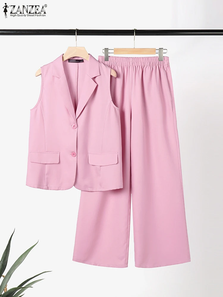 ZANZEA Fashion 2pcs Pant Sets Women Pink Vests Streetwear Tracksuits Elegant Elastic Waist Trouser Outfits Summer Matching Sets