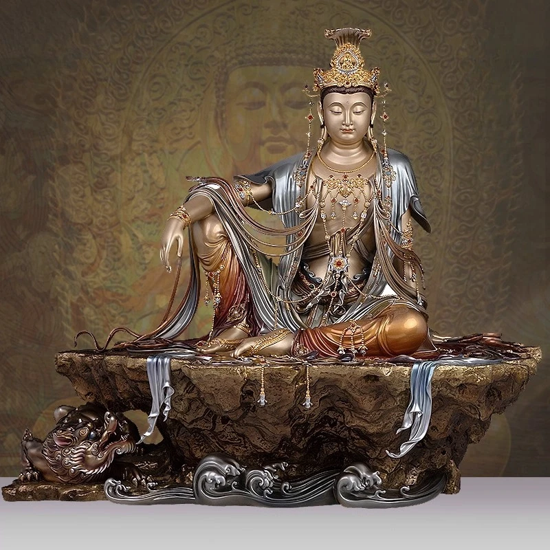 Pure Copper High Temperature Colored Avalokiteshvara Statue Home Worship Water Moon Guanyin Figurine