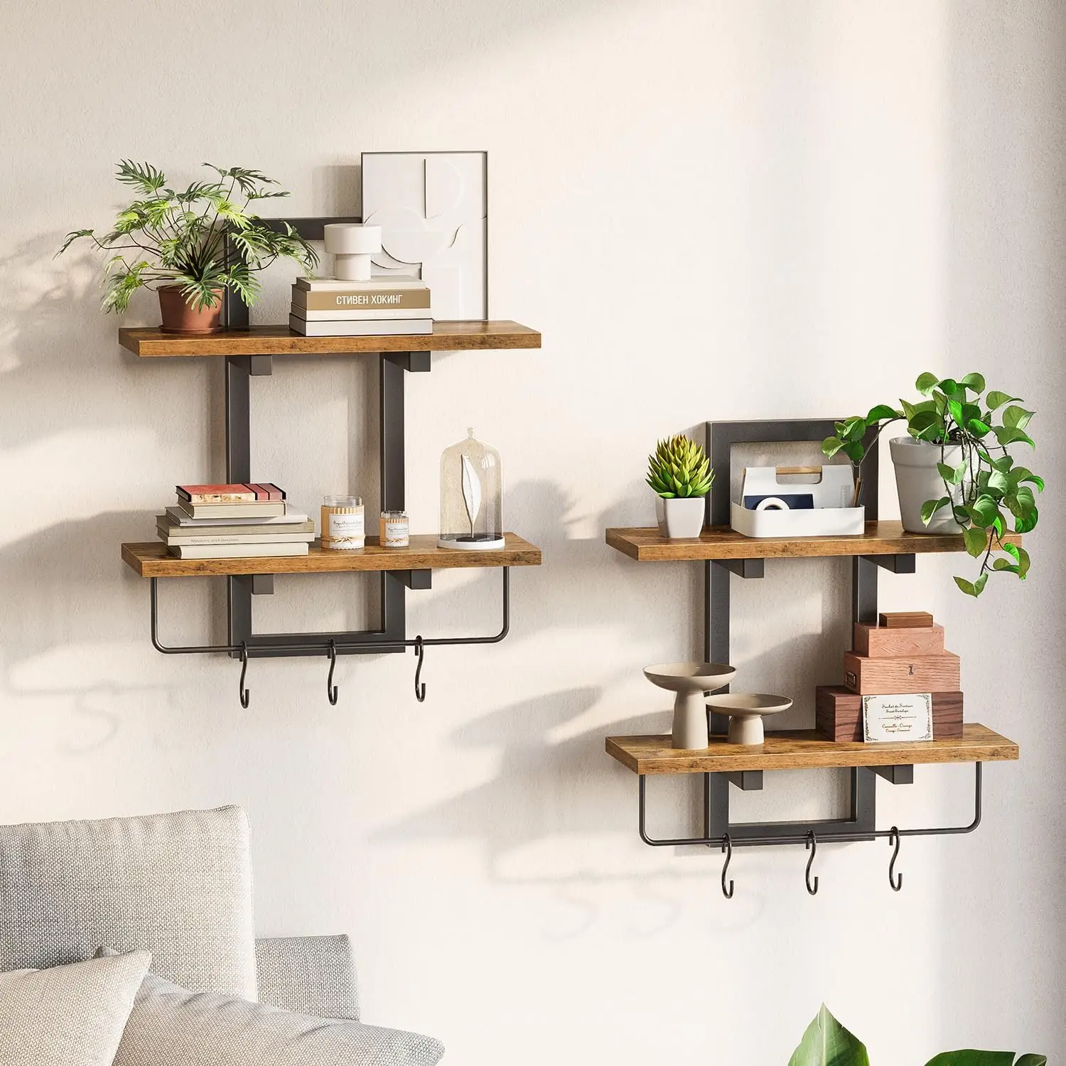 

Floating Shelves for Wall Set of 2, Wood Wall Shelf with 6 Hooks, 2 Tier Hanging Decorative Storage Shelves for Living