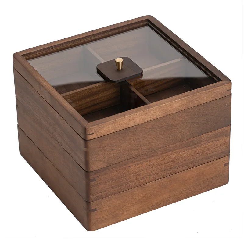Walnut solid wood can be stacked with a lid, dried fruit storage box, Chinese snack melon seed fruit plate, living room tea set