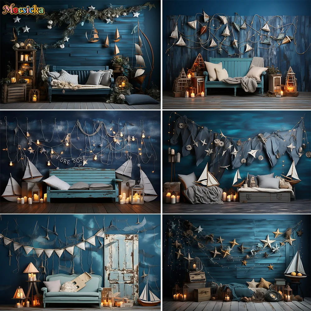 

Sailor Boy Nautical Birthday Theme Background Sailboat Dark Blue Wooden Board Candle Backdrop Decor Kids Cake Smash Party Photo