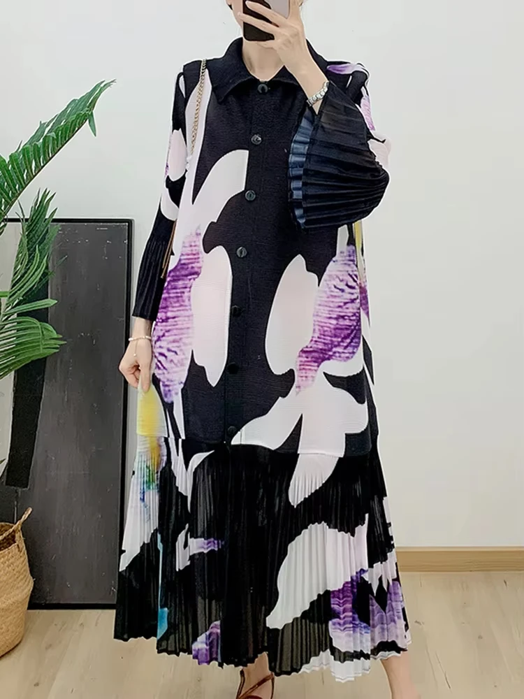 

ANLAN Miyake Pleated Rows of Buttons Dress Cardigan 2025 New Women's Print Temperament Elegant Literary Noble Elegant Skirt 9A02