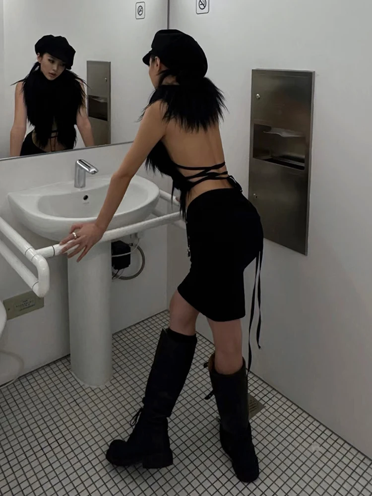 

Nibber Hottie Sexy Furry Halter Top Women Fur Collar Backless Lace-Up Coquette Dark Punk Style Music Festival Clubwear Vests