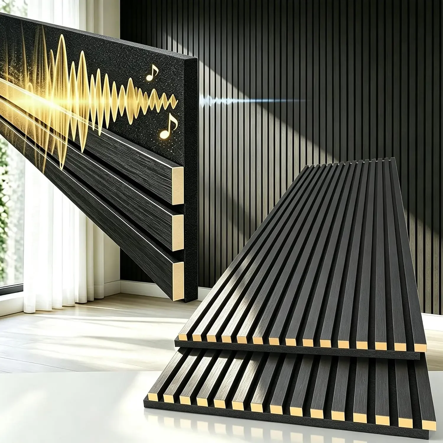 Wood Slat Acoustic Wall Panels, 3D Wall Panels with High Density Core for Echo Reduction, Easy DIY, for Living Room, Bedroom