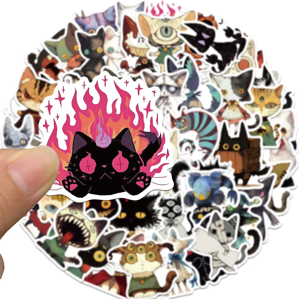

50 Pcs Gothic Cat Waterproof Stickers, Spooky Creepy Kitten PVC Decals for Laptop Luggage Phone Case Gift for Fans