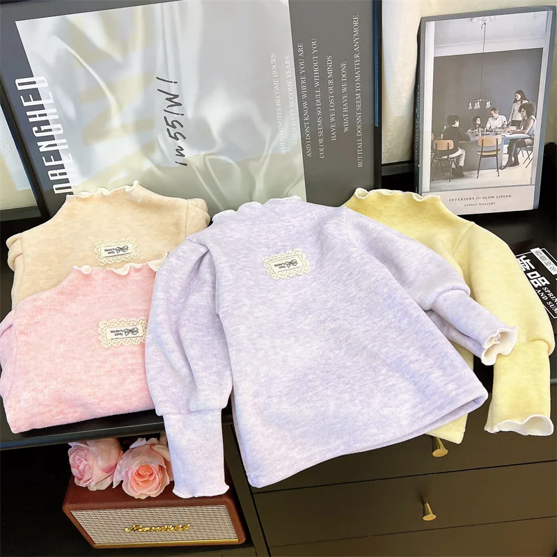 

2025 New Kids Fleece Lined Shirt 1-7Y Children Girls Cute Mock Neck Thermal Ruffled Edge Warm Base Layer Top Autumn Winter Wear