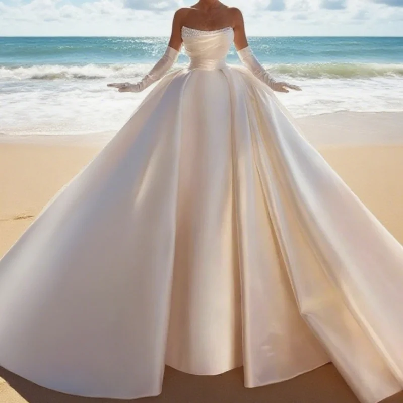

Luxury Tiered Satin Ball Gown Wedding Dress Robe De Marriage Sleeveless Beading Pearls Off The Shoulder Bridal Skirts Customized