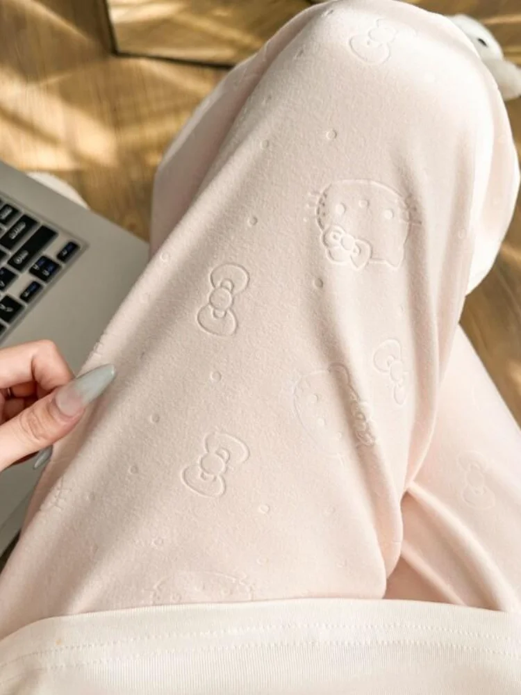 سانريو مرحبا كيتي السراويل المنزلية الدافئة والفضفاضة غير رسمية الخريف الشتاء Kawaii أنيمي موضة بنطلون الدعاوى السراويل ، مجموعة ملابس رياضية النساء #1